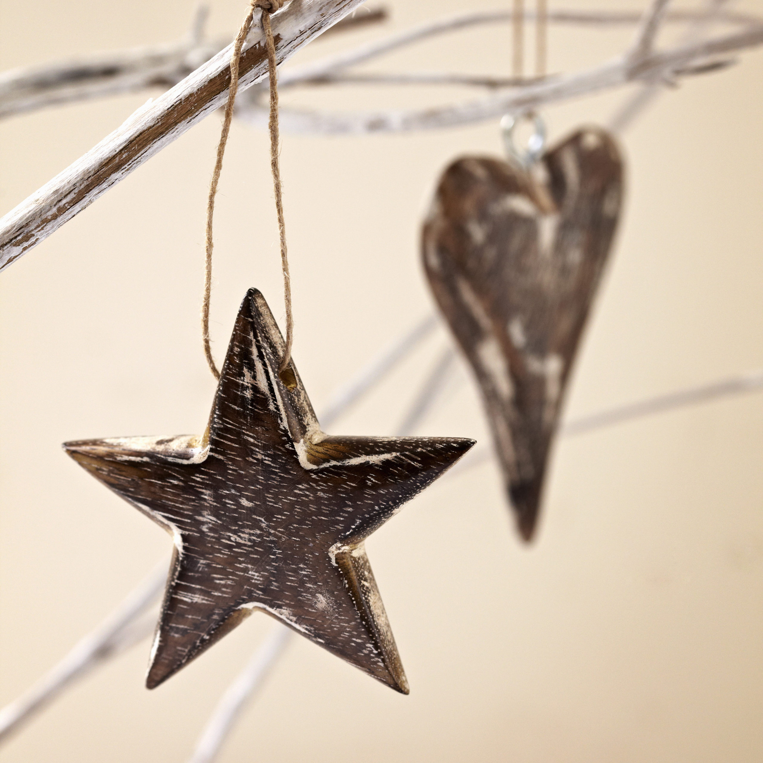Mango Wood Heart & Star Christmas Decoration Set